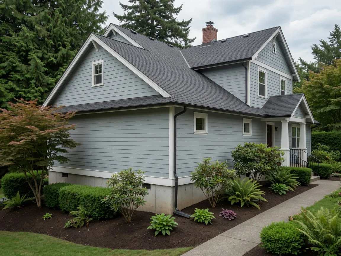 A well-maintained Pacific Northwest home exterior in Snohomish County with clean siding, a solid roof, gutters, and proper drainage around the foundation