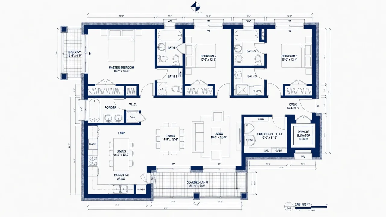 Architectural floor plan for 19329 Watermark Dr #342 showing a 3-bedroom, 4-bathroom condominium layout with open-concept living area, master suite, walk-in closet, covered lanai, and balcony