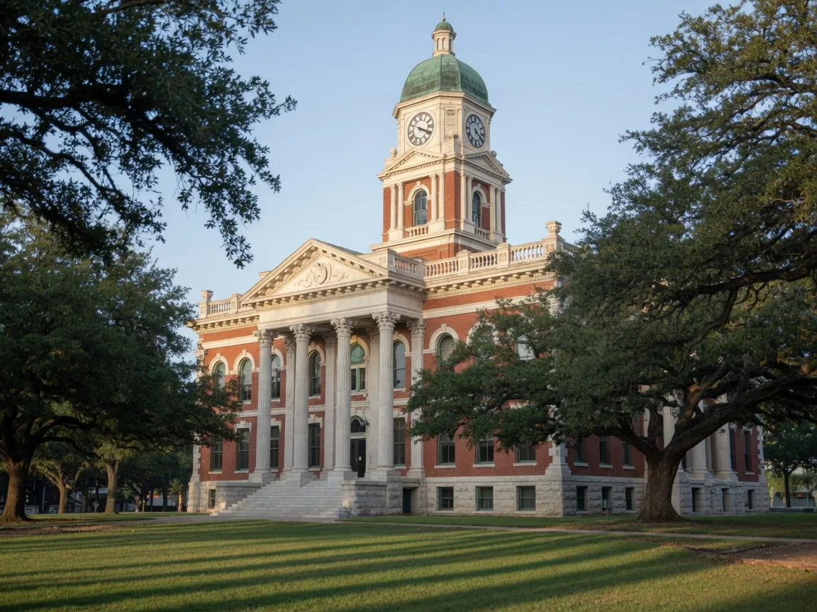 A stately Texas county courthouse with a clock tower and oak trees on a bright morning