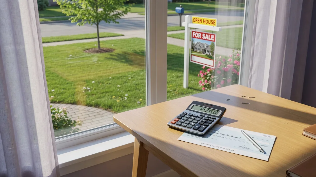 A financial calculator, a cheque, and a For Sale sign through a window, representing the moment after closing and starting the next chapter