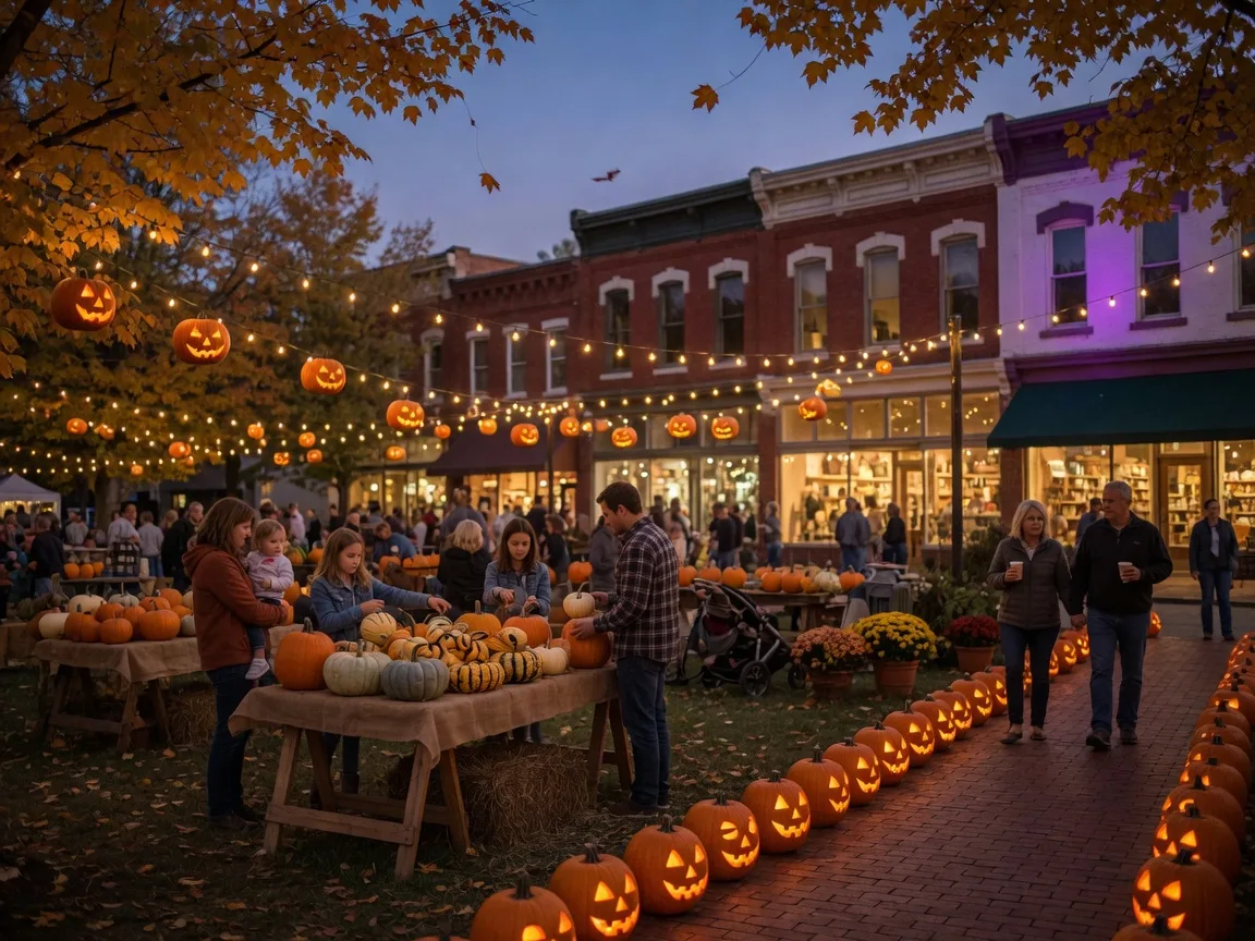 A late-October evening festival on a Carolina town green with wooden stands of pumpkins and gourds, glowing jack-o-lanterns along a brick path, and warm-lit Main Street buildings behind
