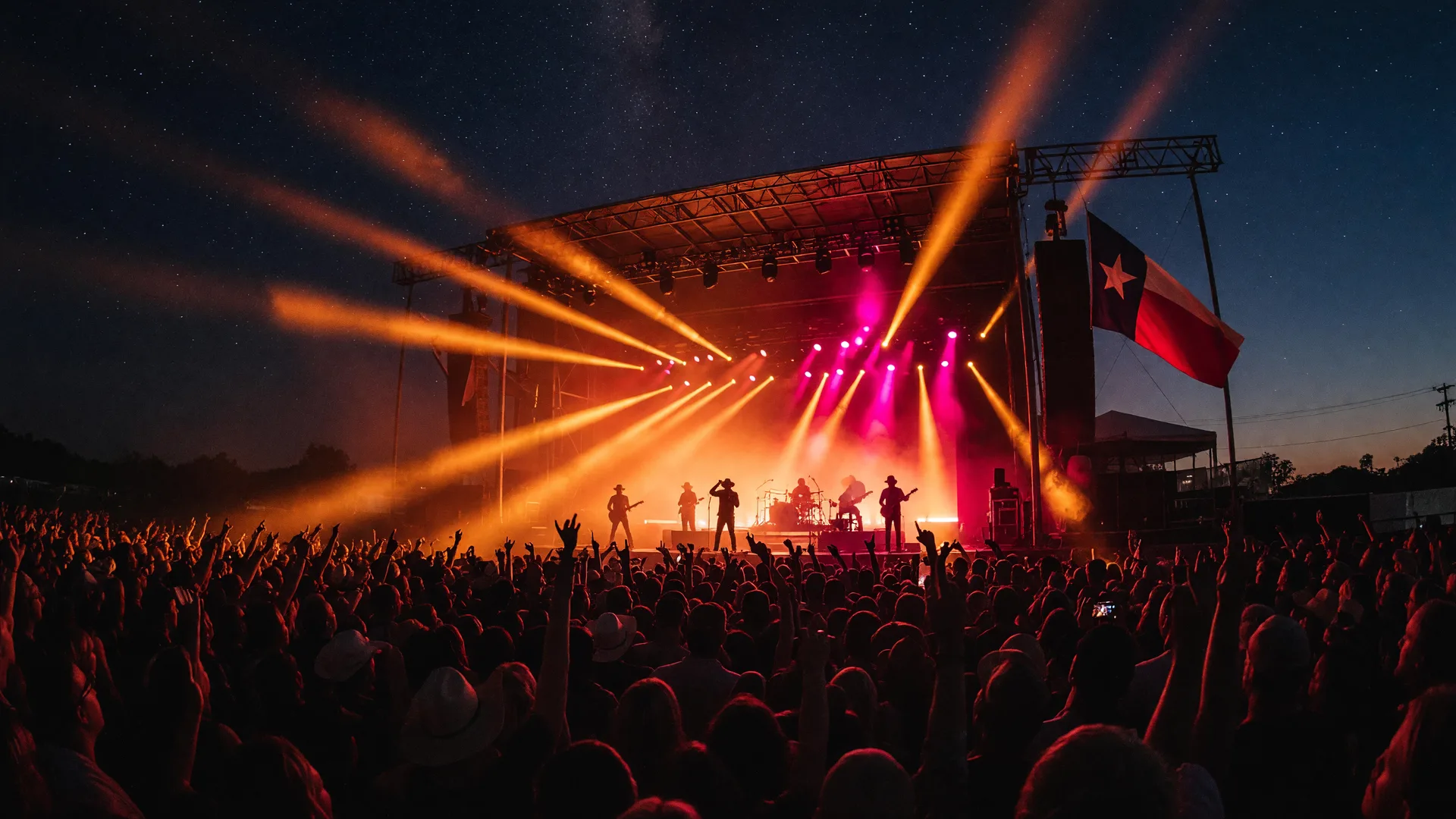 A large outdoor Texas country concert at night, a band silhouetted under amber and red stage lights with a Texas flag overhead