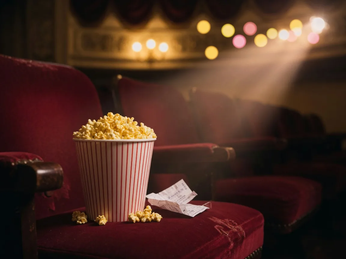 A warm mug of popcorn and a movie ticket resting on a theater seat before the lights go down