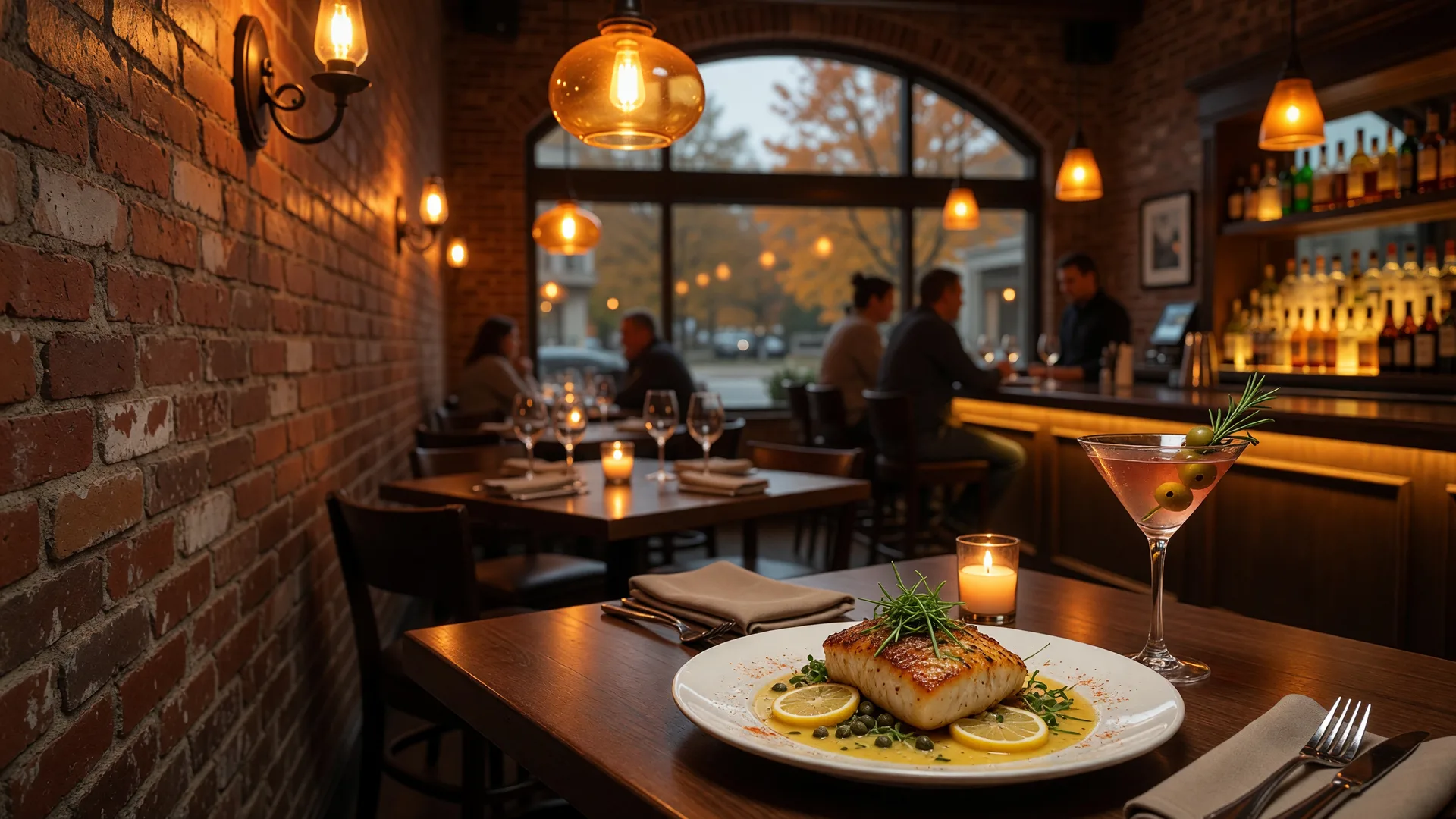 The warm interior of Bistro 70 in downtown Painesville, Ohio on a fall evening, a candlelit table set with a stuffed grouper entree in lemon-butter sauce and a craft martini on a dark wood table, exposed brick and amber pendant lighting with a glowing backlit bar softly blurred behind