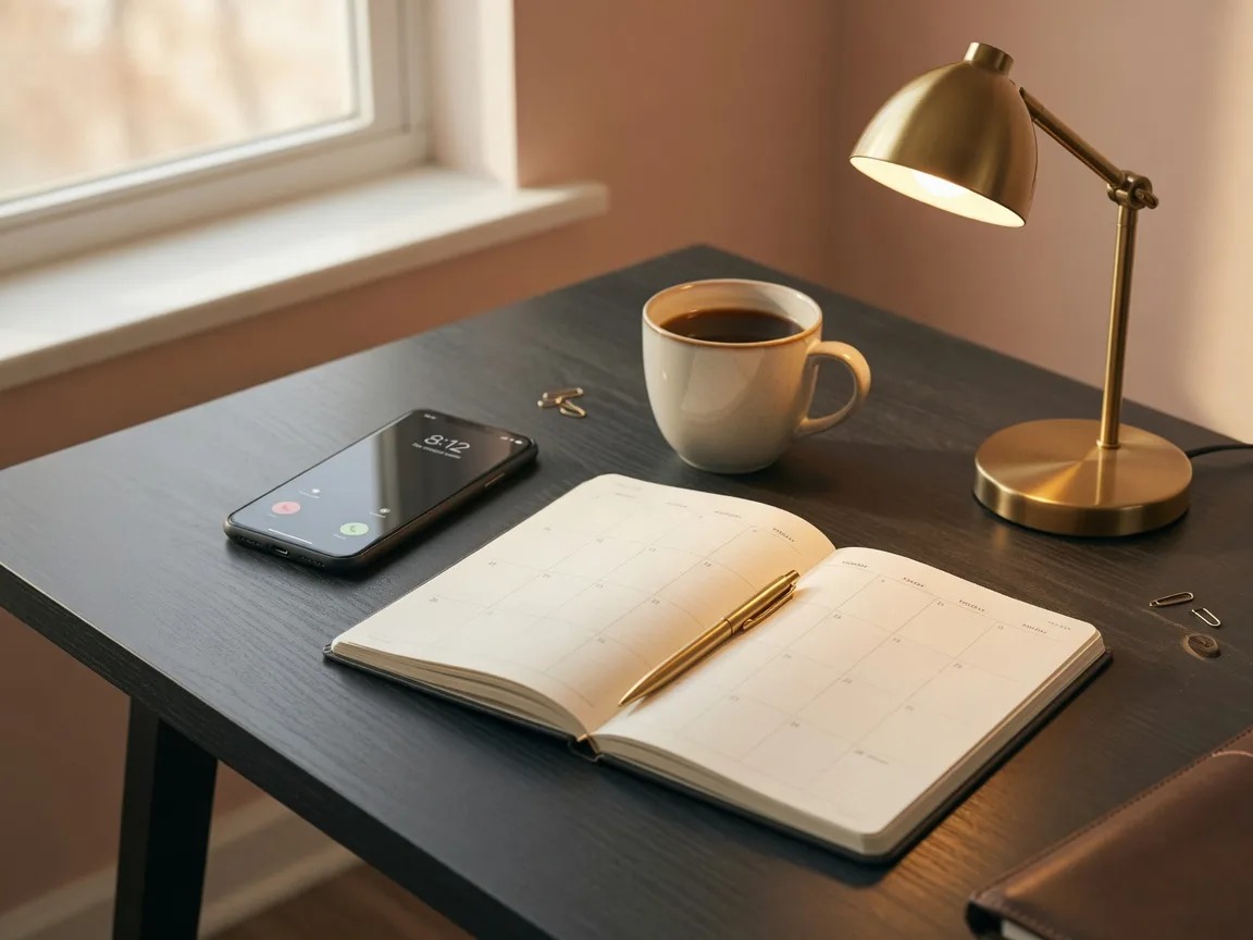 A real estate professional's weekly planner with a gold pen, coffee, and a phone, the tools that break the boom and bust cycle