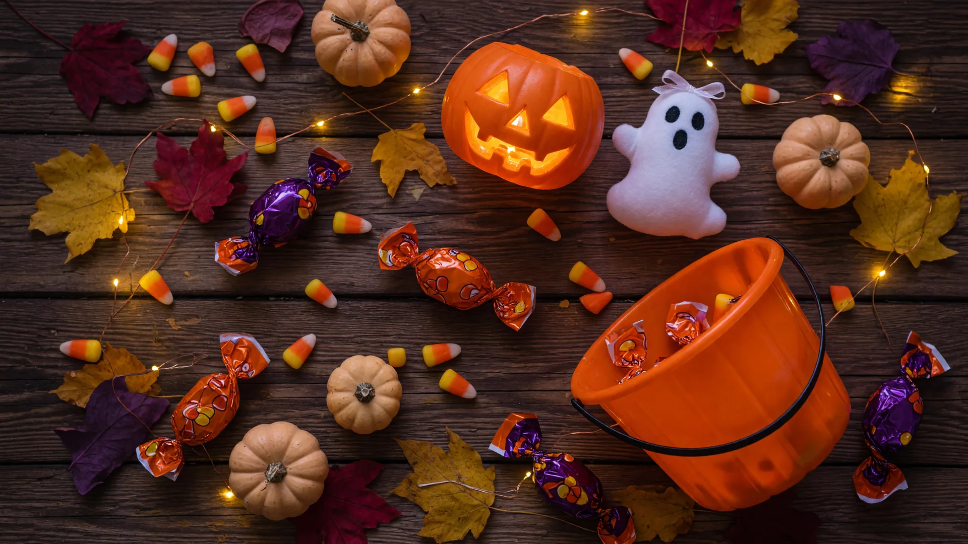 Halloween candy, mini pumpkins and a treat bucket