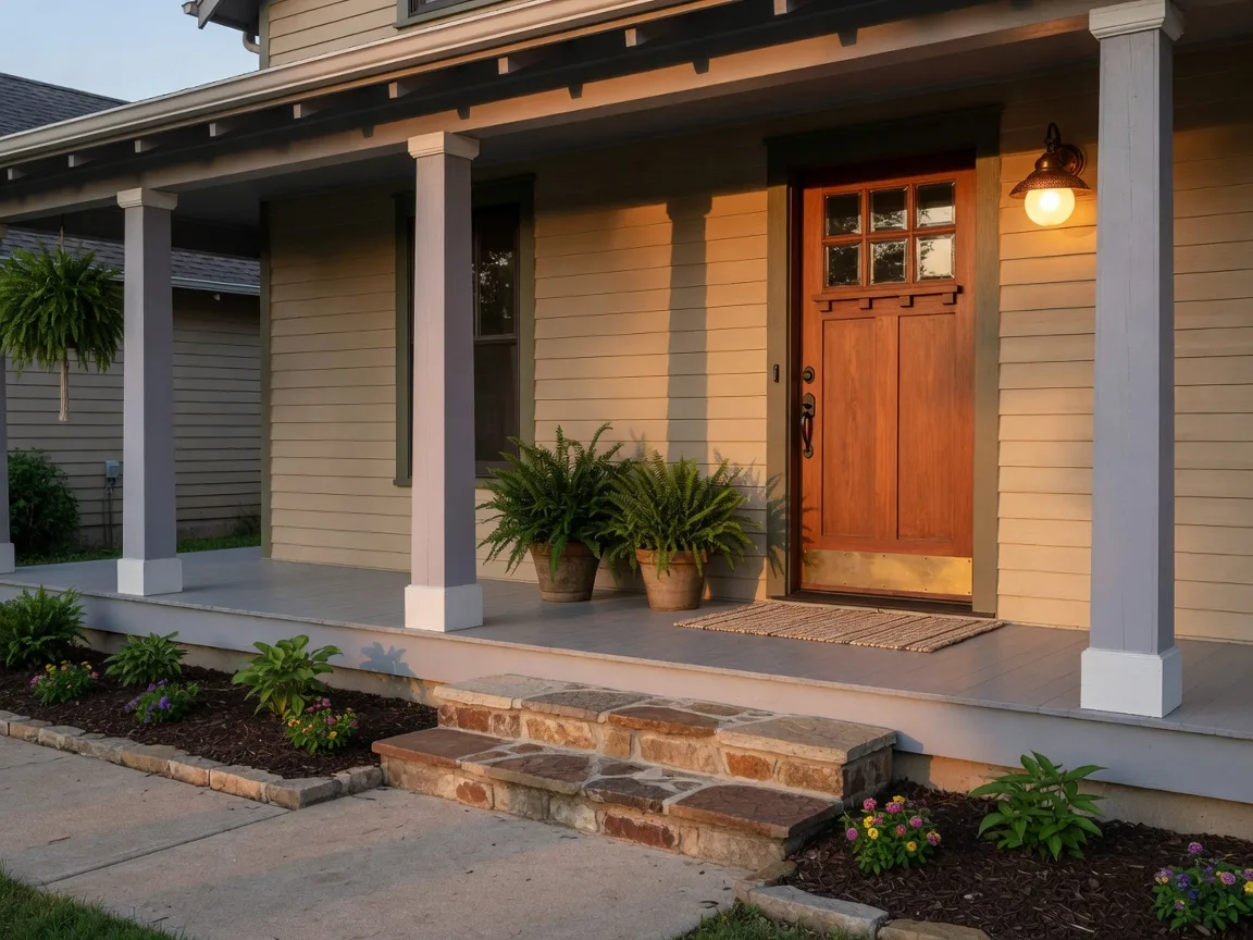 An inviting craftsman-style Texas home front porch in late afternoon light