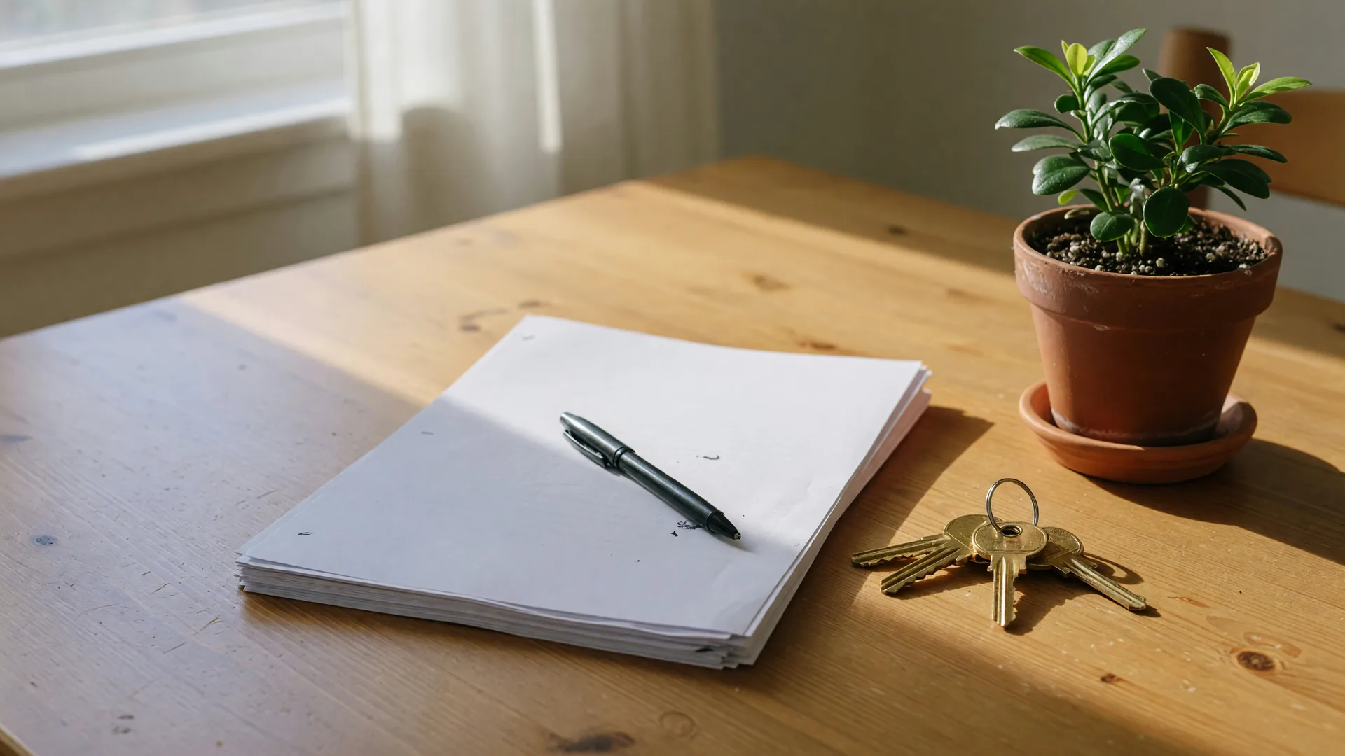 New house keys resting on a neat stack of closing documents on a warm wooden table