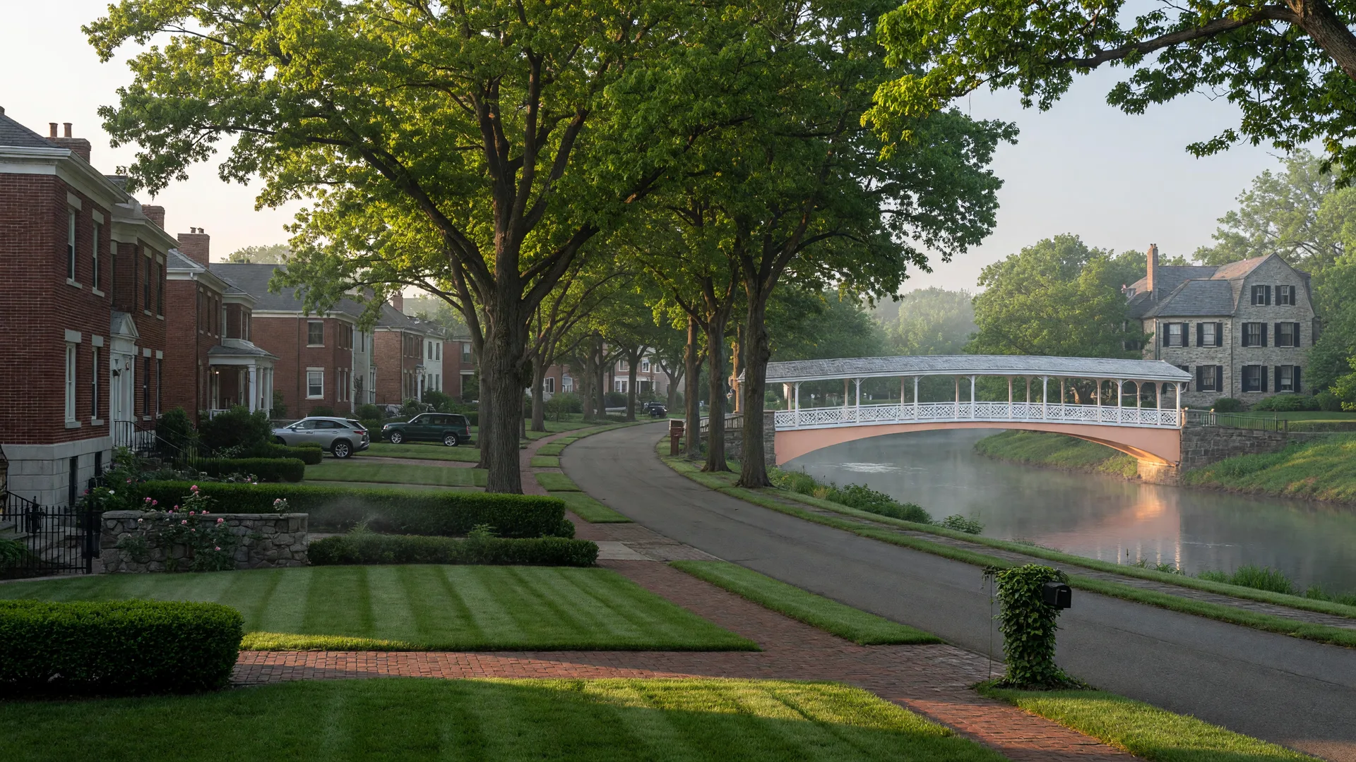Elegant brick and stone homes on a leafy Dublin Ohio street with a covered pedestrian bridge over the Scioto River
