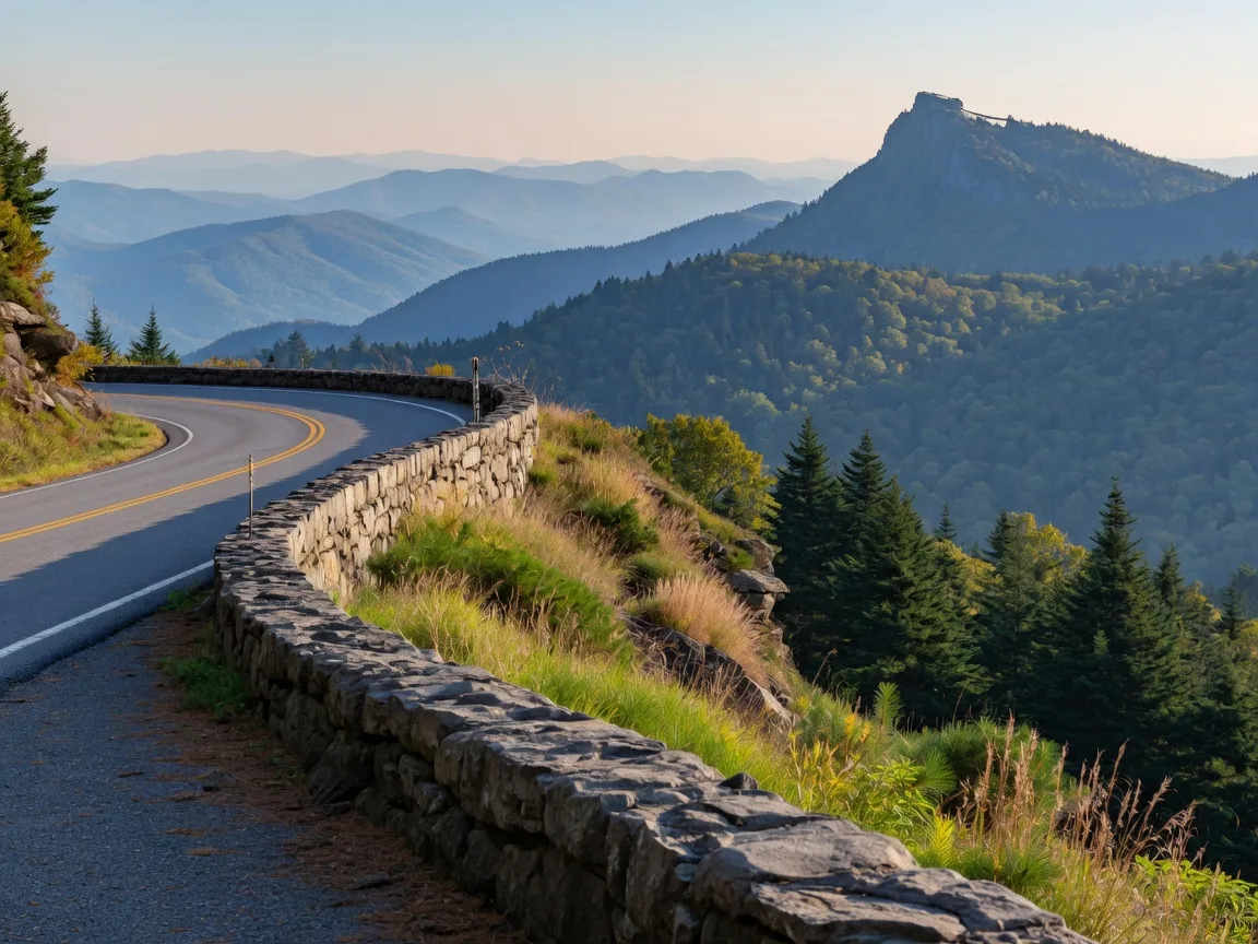 The Blue Ridge Parkway curving along a high ridge with layered mountain views