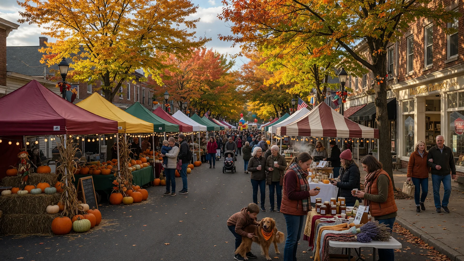 A small-town autumn street festival with string lights, vendor tents, pumpkins, and families strolling on a crisp October afternoon