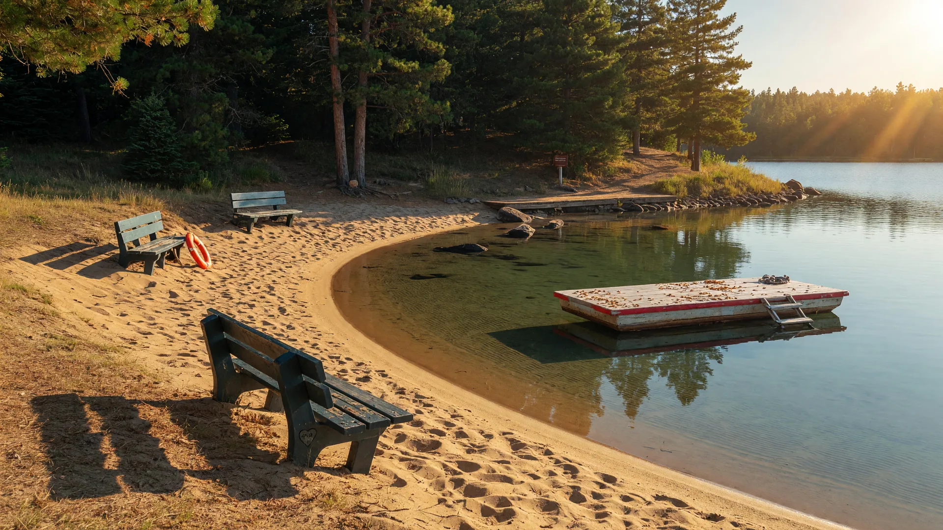Public lakeside swimming beach on Pelican Lake with a wooden swim raft in calm water