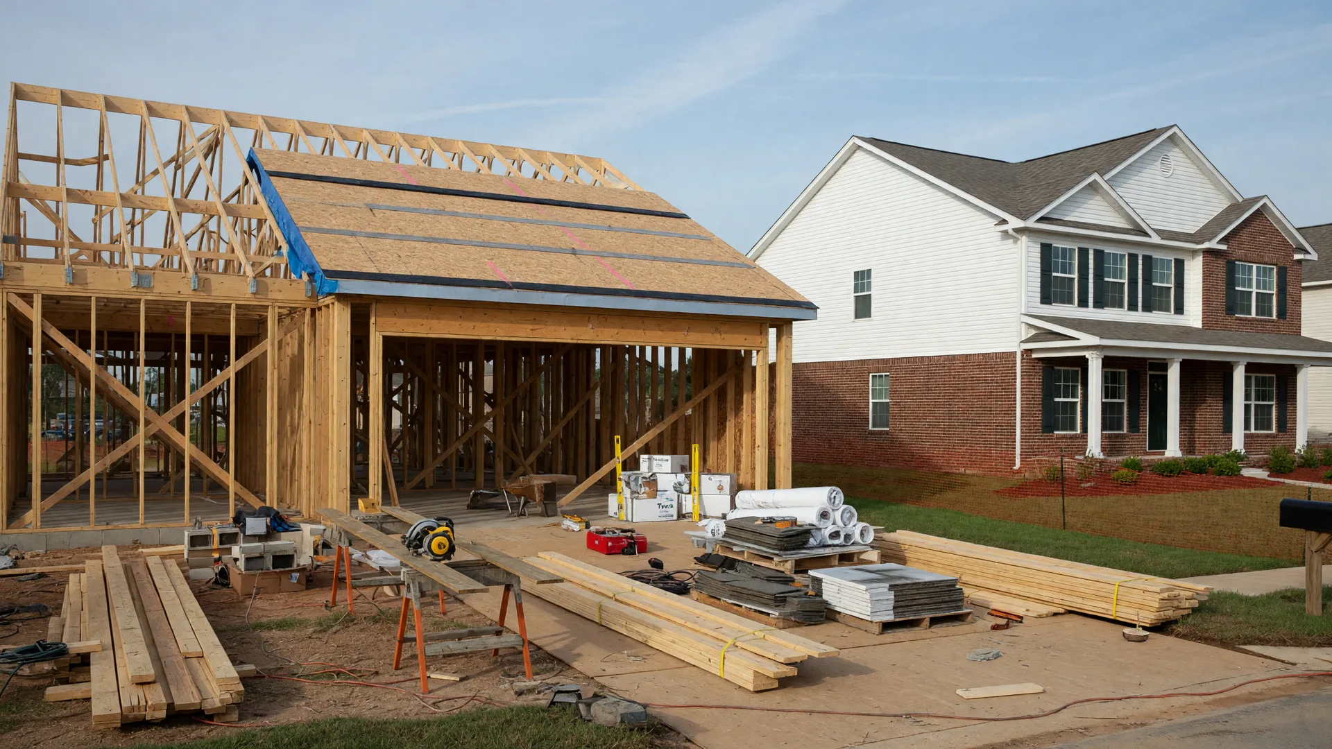 New home under construction beside a completed model home in a North Augusta SC community
