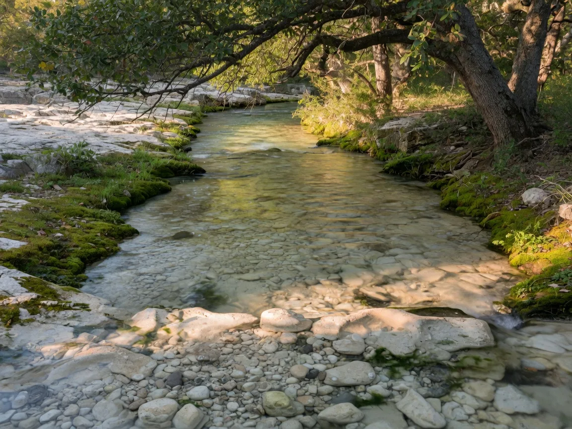 A clear spring-fed creek flowing over a visible limestone cobble bed in the Texas Hill Country at golden hour, framed by mossy banks and arching live oak branches