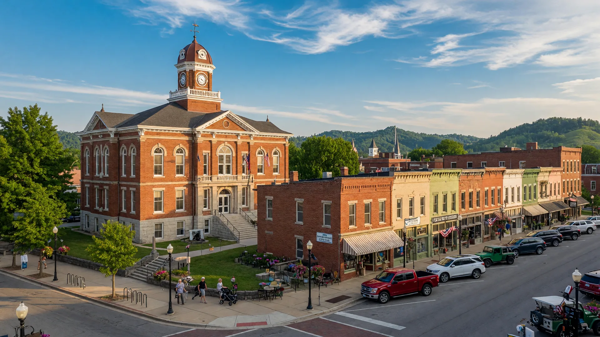 Nicholasville, Kentucky's historic downtown with Jessamine County courthouse, Main Street, and Bluegrass small-town charm