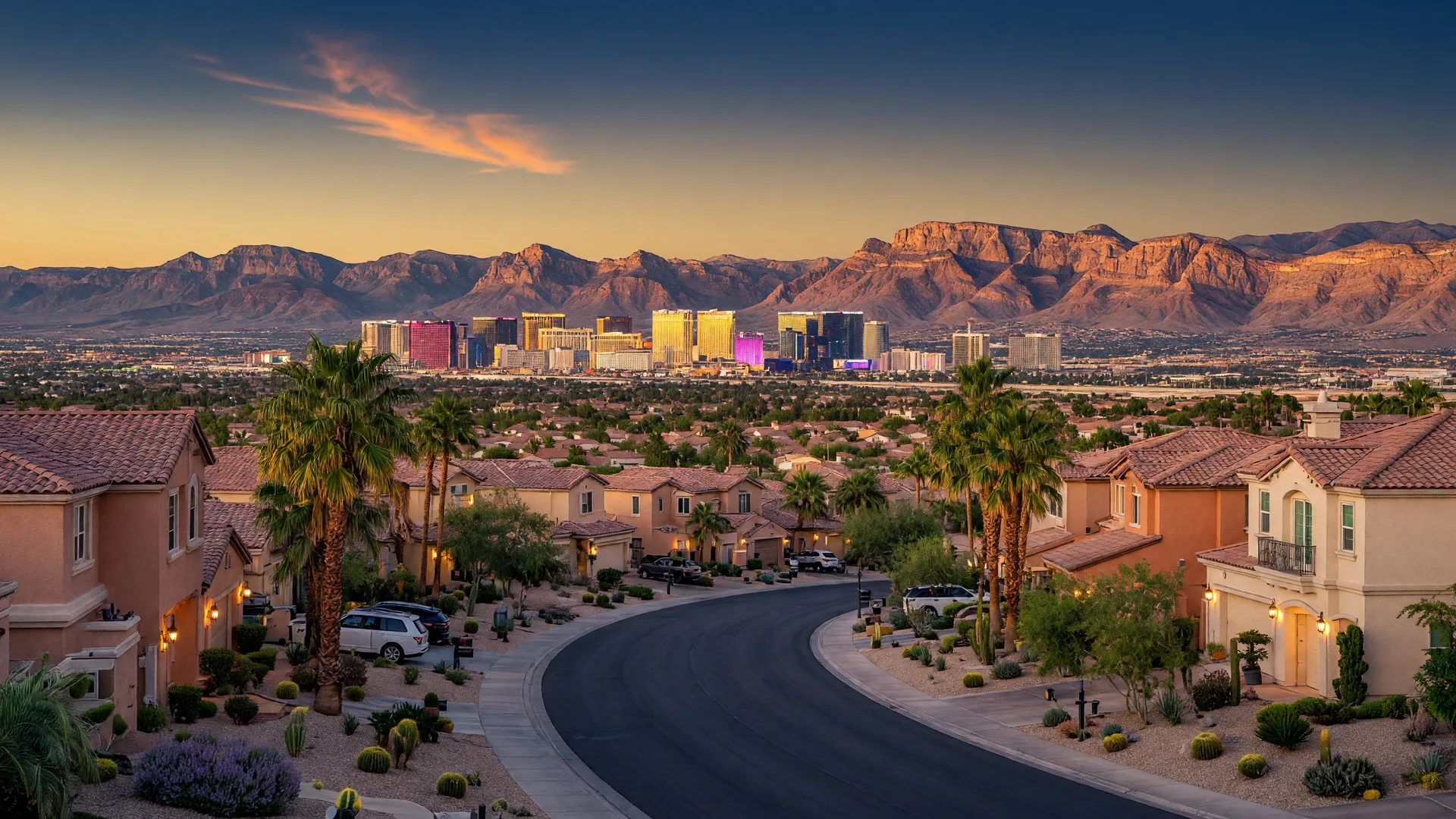 Las Vegas Valley at golden hour with the Strip skyline and mountains in warm light