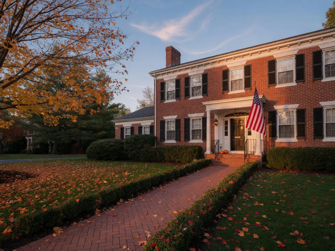 A colonial-style brick home with an American flag on the porch, set among red and gold autumn trees