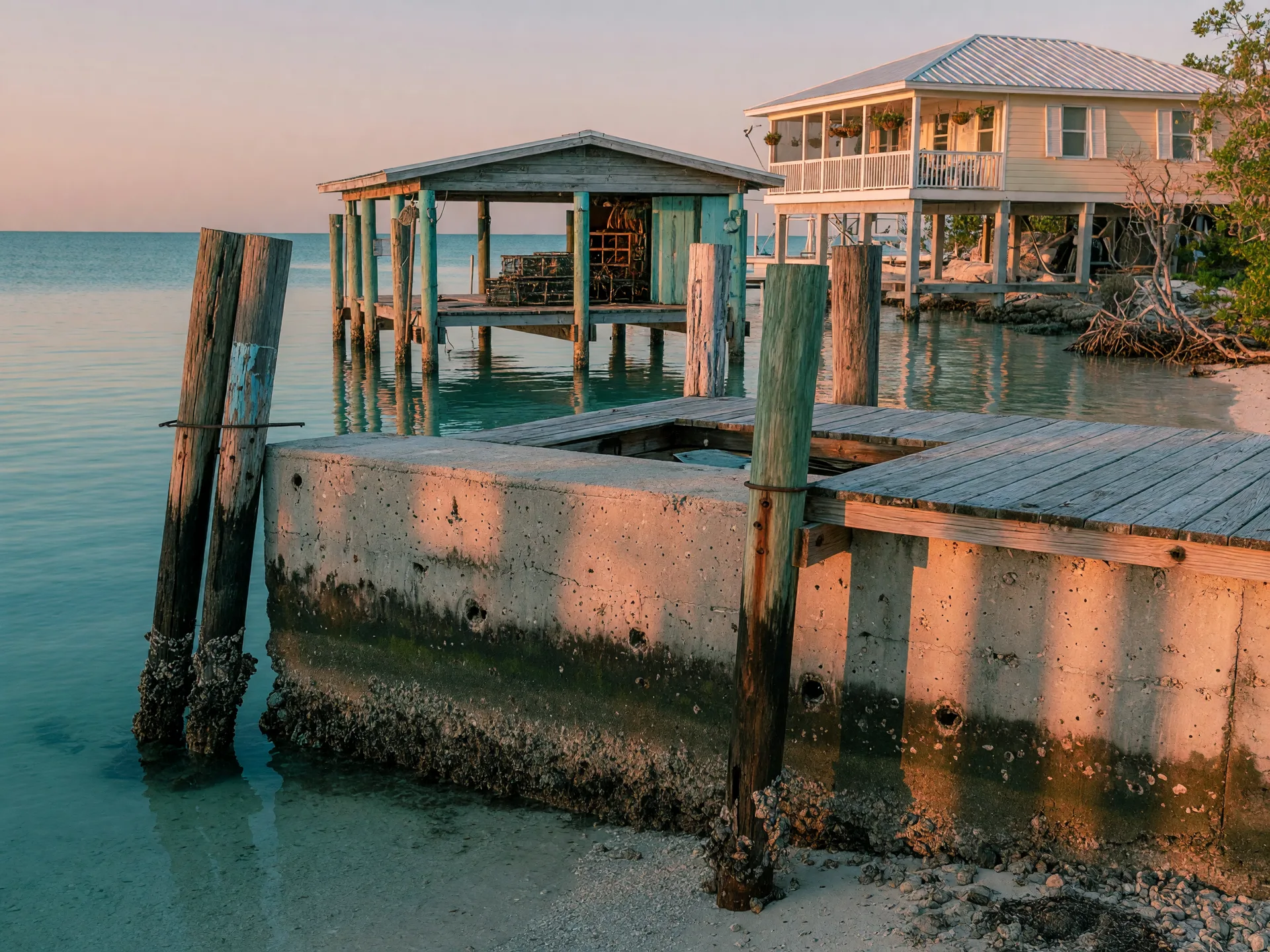 A close inspection of a concrete seawall and timber dock at a Florida Keys waterfront at low tide at golden hour, exposed lower seawall and pilings visible above calm turquoise water, a boathouse and elevated metal-roofed Keys home in the background