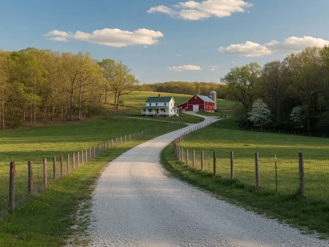 Gravel country road curving between green pastures and timber toward a white farmhouse and red barn in the Ozarks