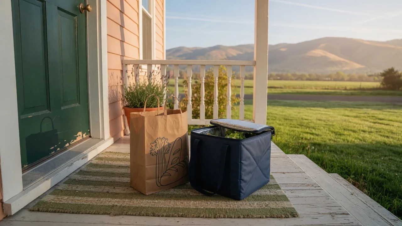 A grocery delivery resting on a home's front step on a bright morning, a paper bag and insulated tote by the welcome mat in mountain light.