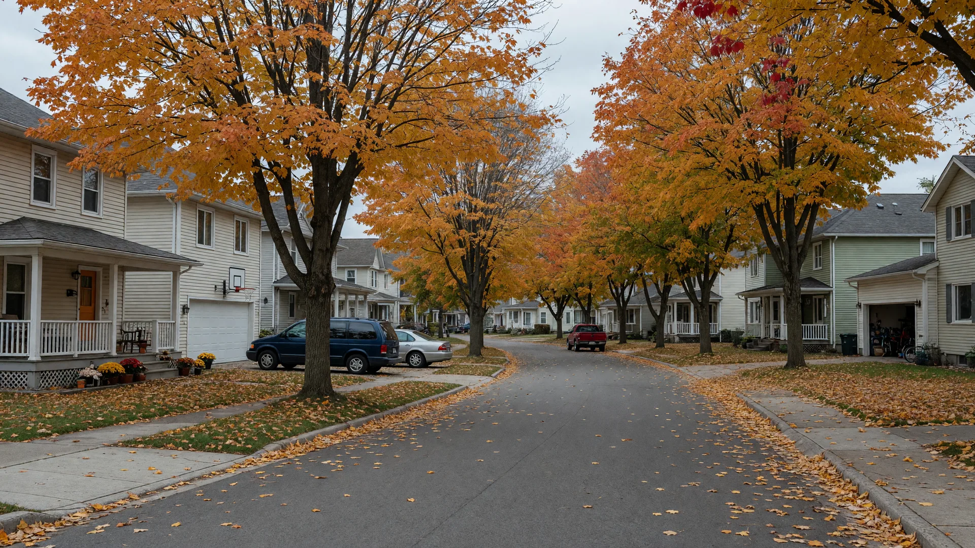 A quiet tree-lined residential street in Port Perry in mid-autumn, with family homes, front porches and attached garages beneath maples turning orange and gold