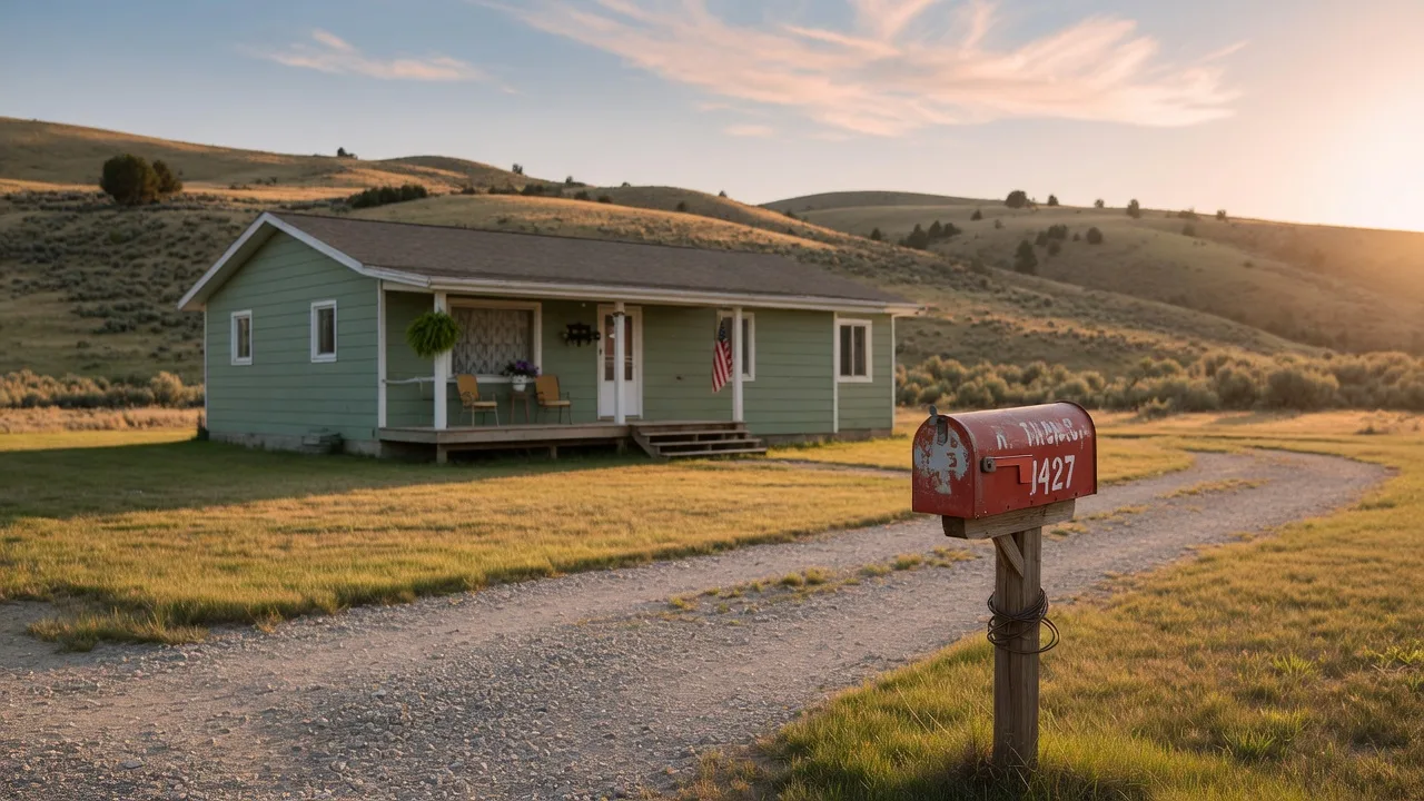 A sage-green ranch home and rural mailbox on an Idaho lot at golden hour