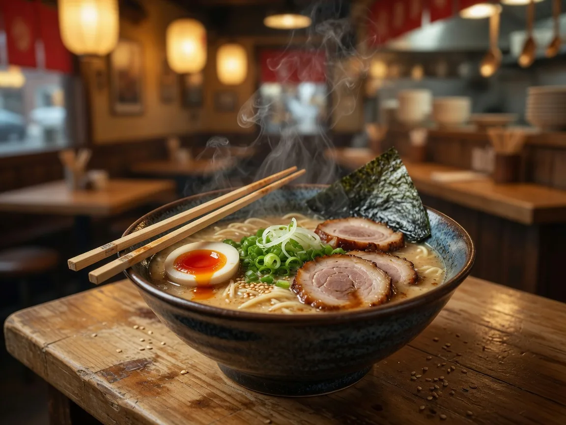 A steaming bowl of tonkotsu ramen with chashu, soft egg, scallions and nori