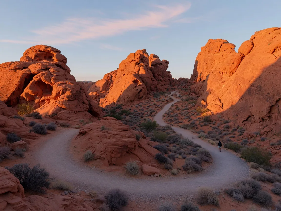 Early morning desert hiking trail winding through red sandstone formations in Valley of Fire