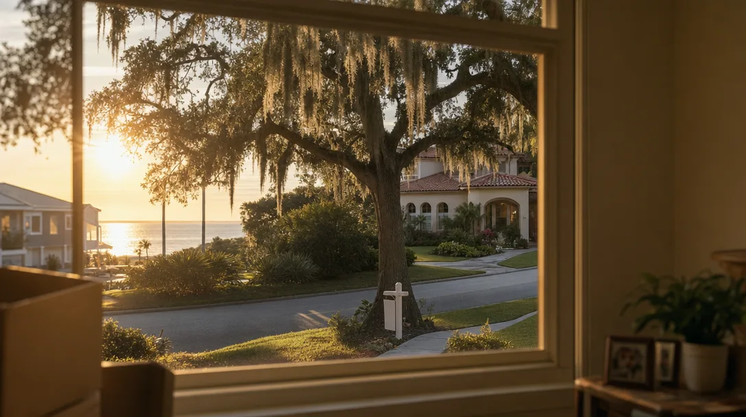 Looking through a window frame at a peaceful coastal Florida street at golden hour, with a live oak draped in Spanish moss and a Mediterranean-style home with a For Sale sign in the distance