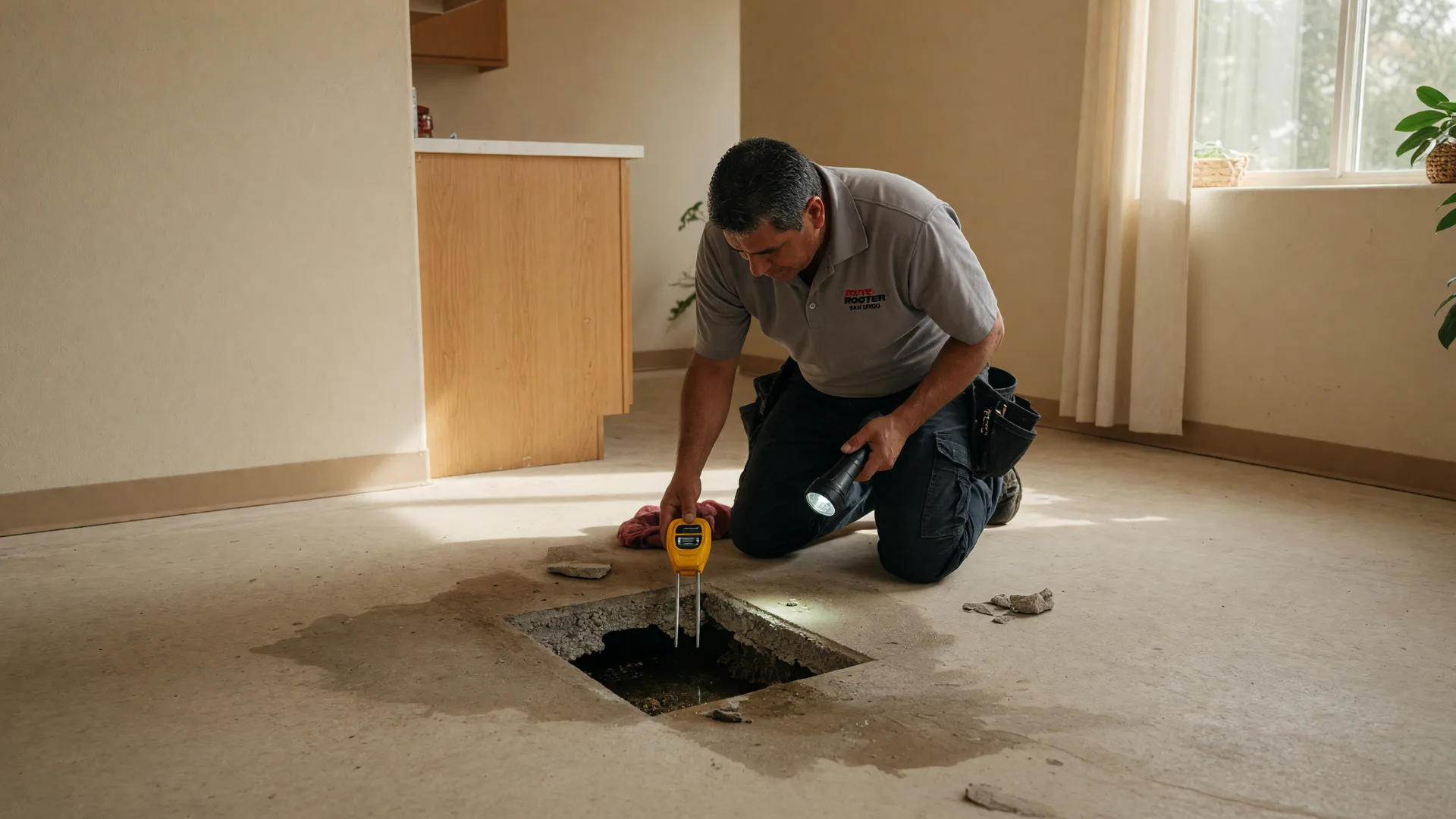 A plumbing technician inspecting a concrete slab floor for a water leak in a San Diego County home