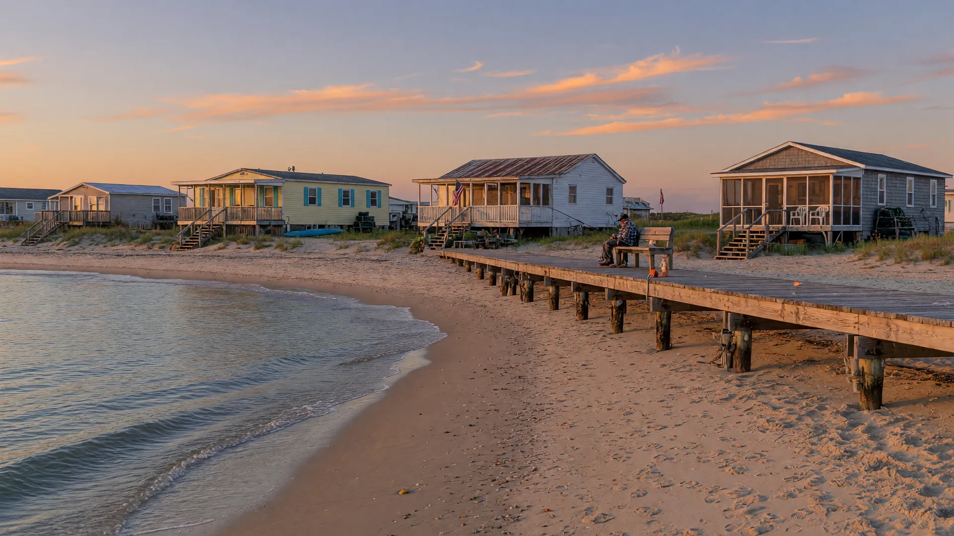 Buckroe Beach in Hampton, Virginia at golden hour with beach bungalows and a wooden fishing pier over the Chesapeake Bay