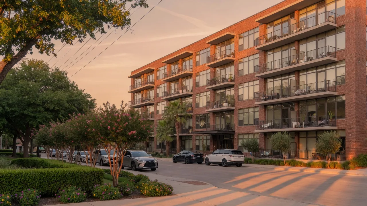 Modern mid-rise condo building in Dallas at golden hour with warm light on balconies and tree-lined street