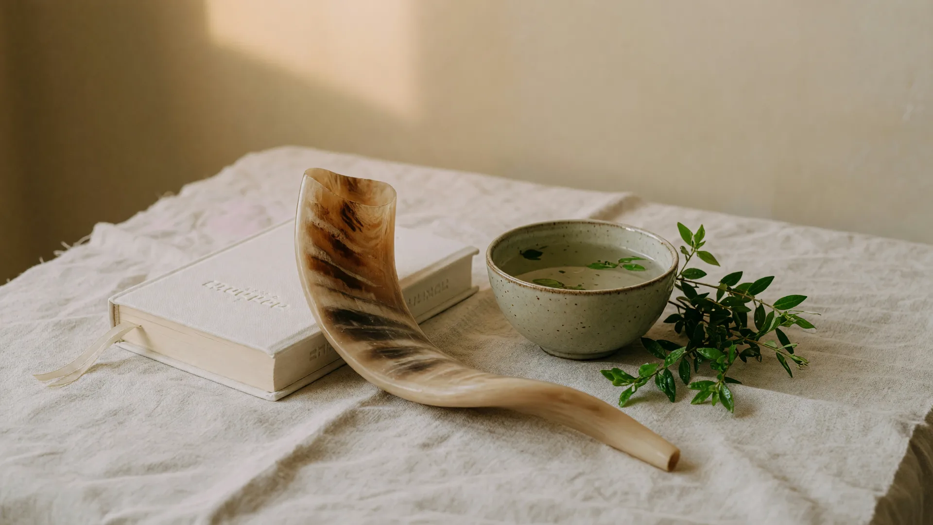 A polished shofar resting on linen beside a prayer book and a bowl of water in soft early-autumn light