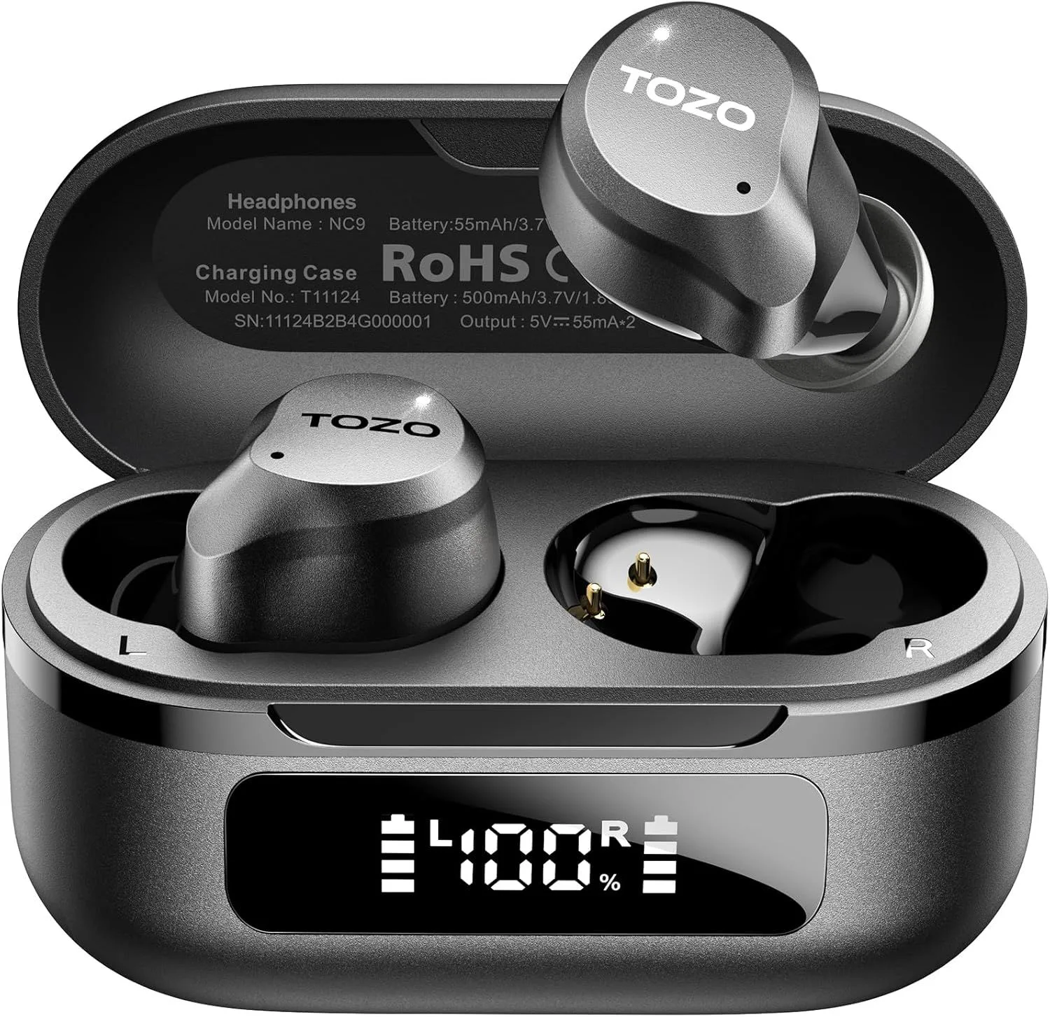 Fotografía de producto de los auriculares inalámbricos TOZO NC9 sobre un fondo limpio