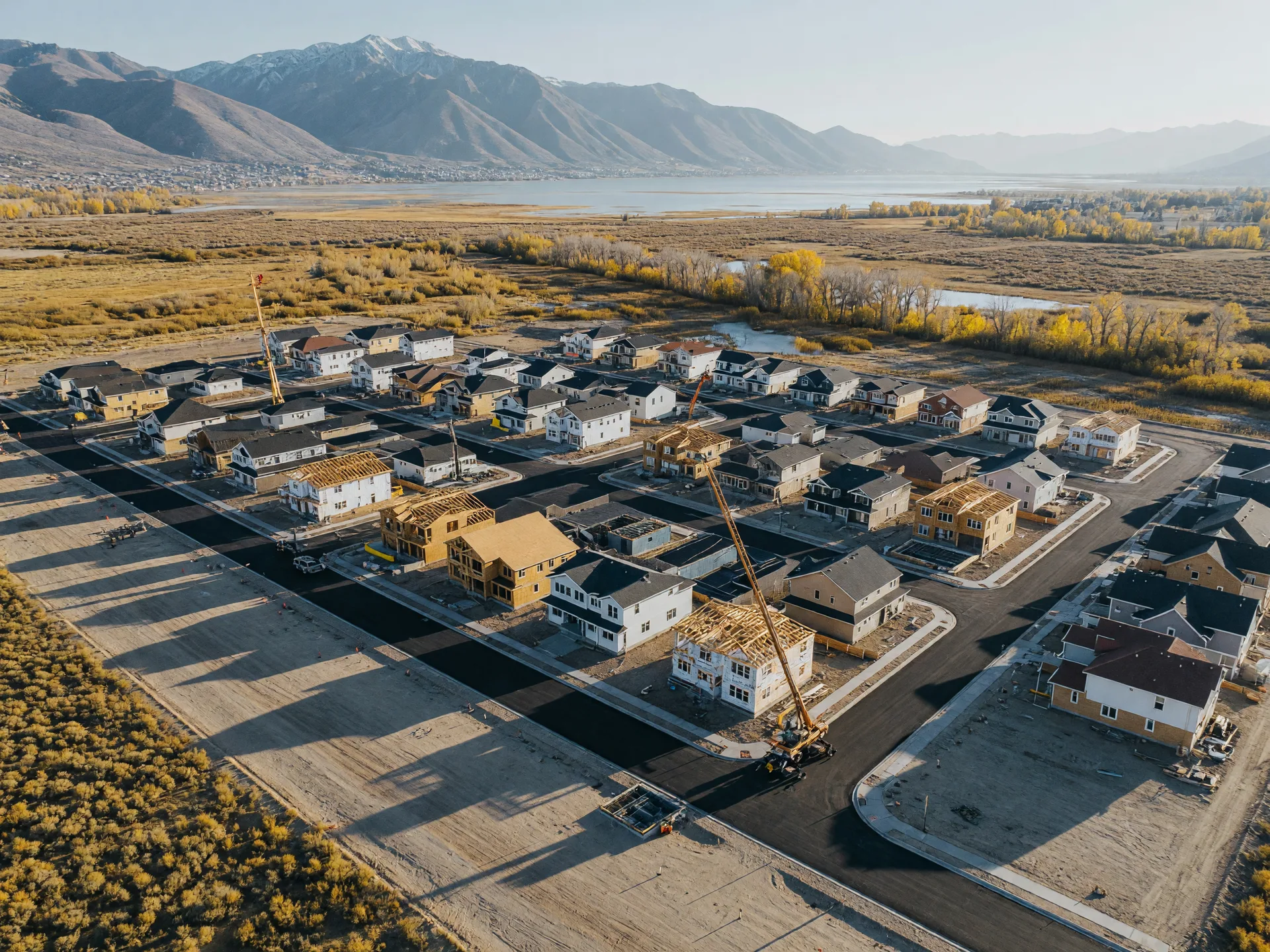 Aerial view of an active new-construction master plan in the Wasatch Front with homes in framing and finishing stages, fresh streets, cranes, and Utah Lake haze on the horizon
