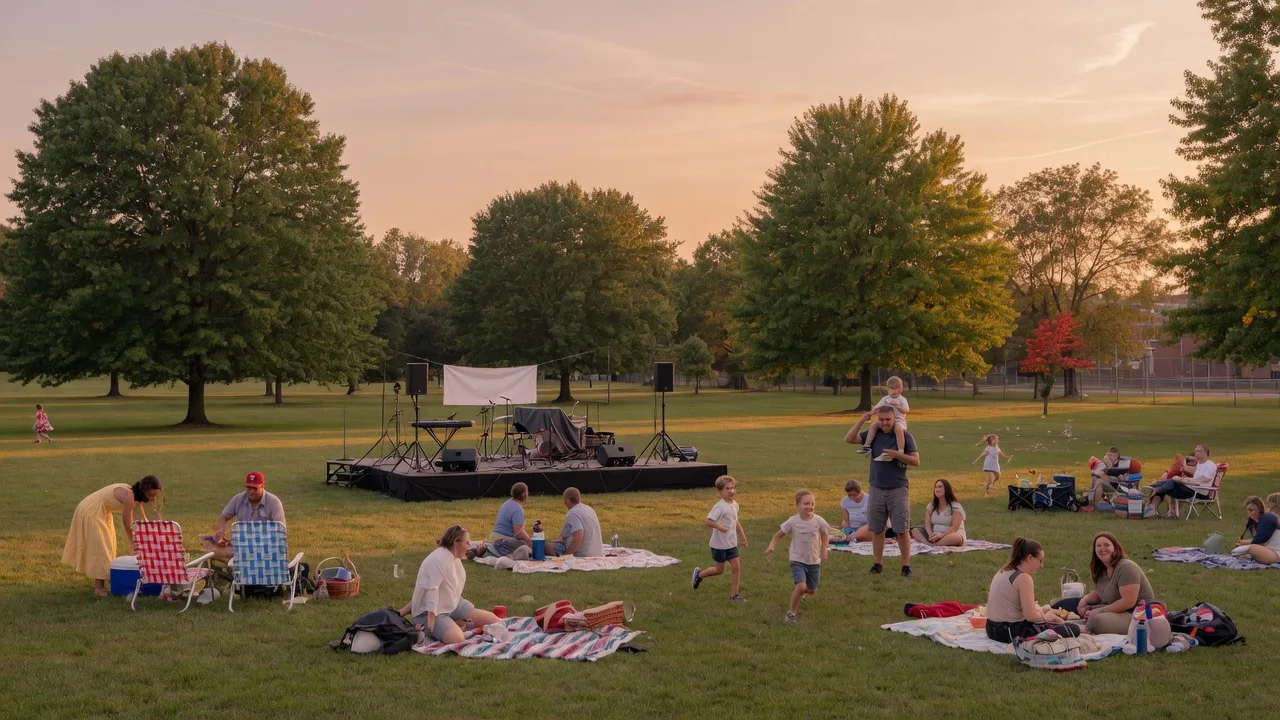 An outdoor concert setup at High School Park in Elkins Park on a warm September evening, with families on blankets and lawn chairs on the lawn as golden-hour light filters through the trees