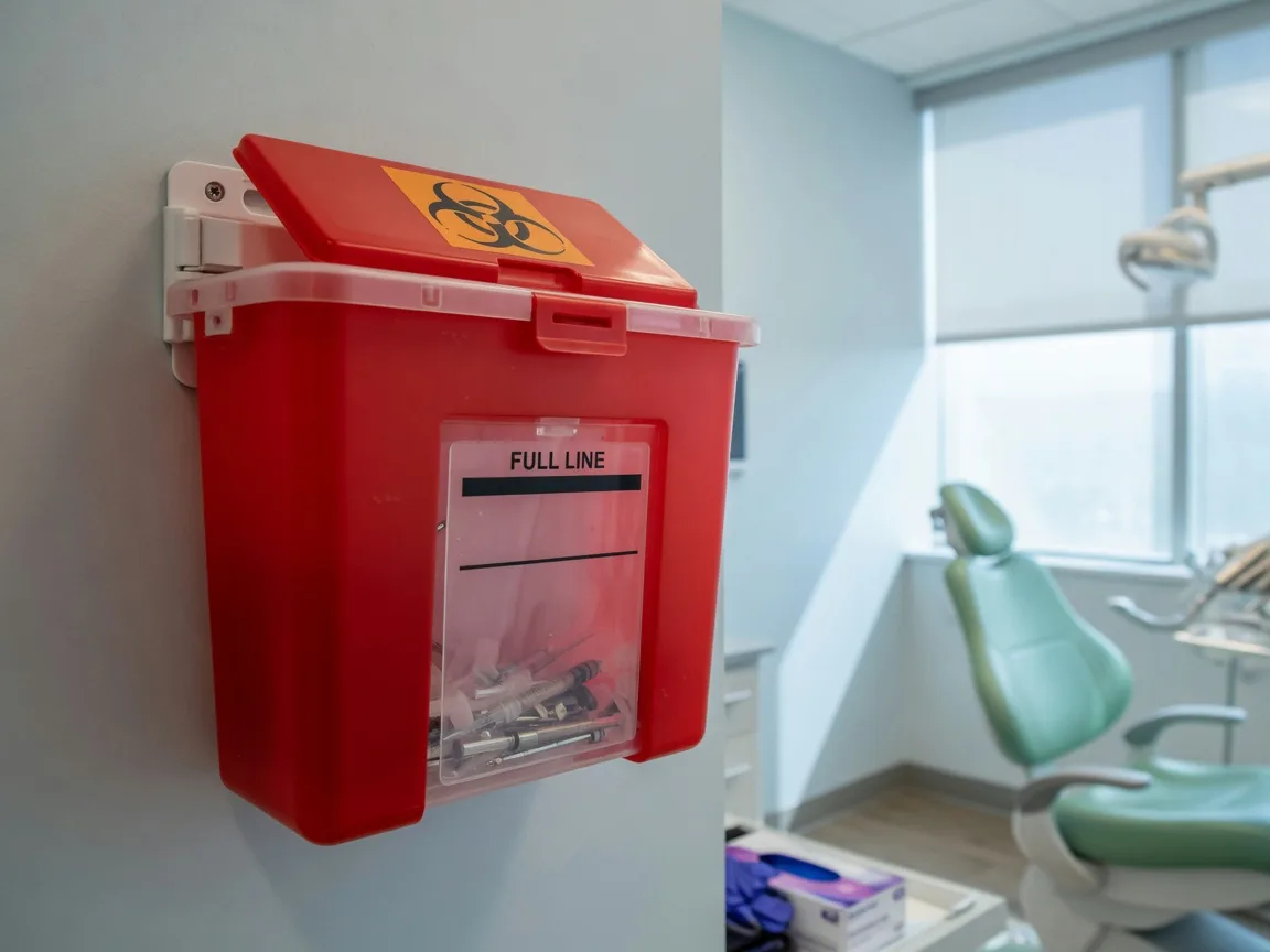 Red biohazard sharps disposal container mounted on a wall in a modern dental office with a dental chair blurred in the background