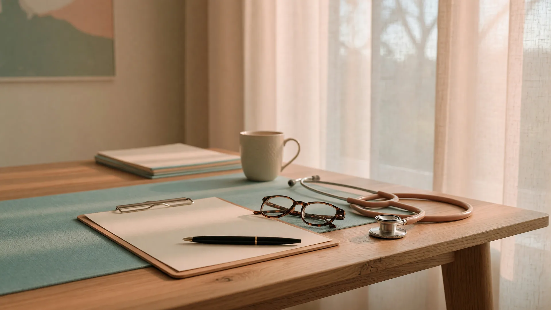 A clipboard, pen, and stethoscope on a light oak desk in a warm modern primary care office