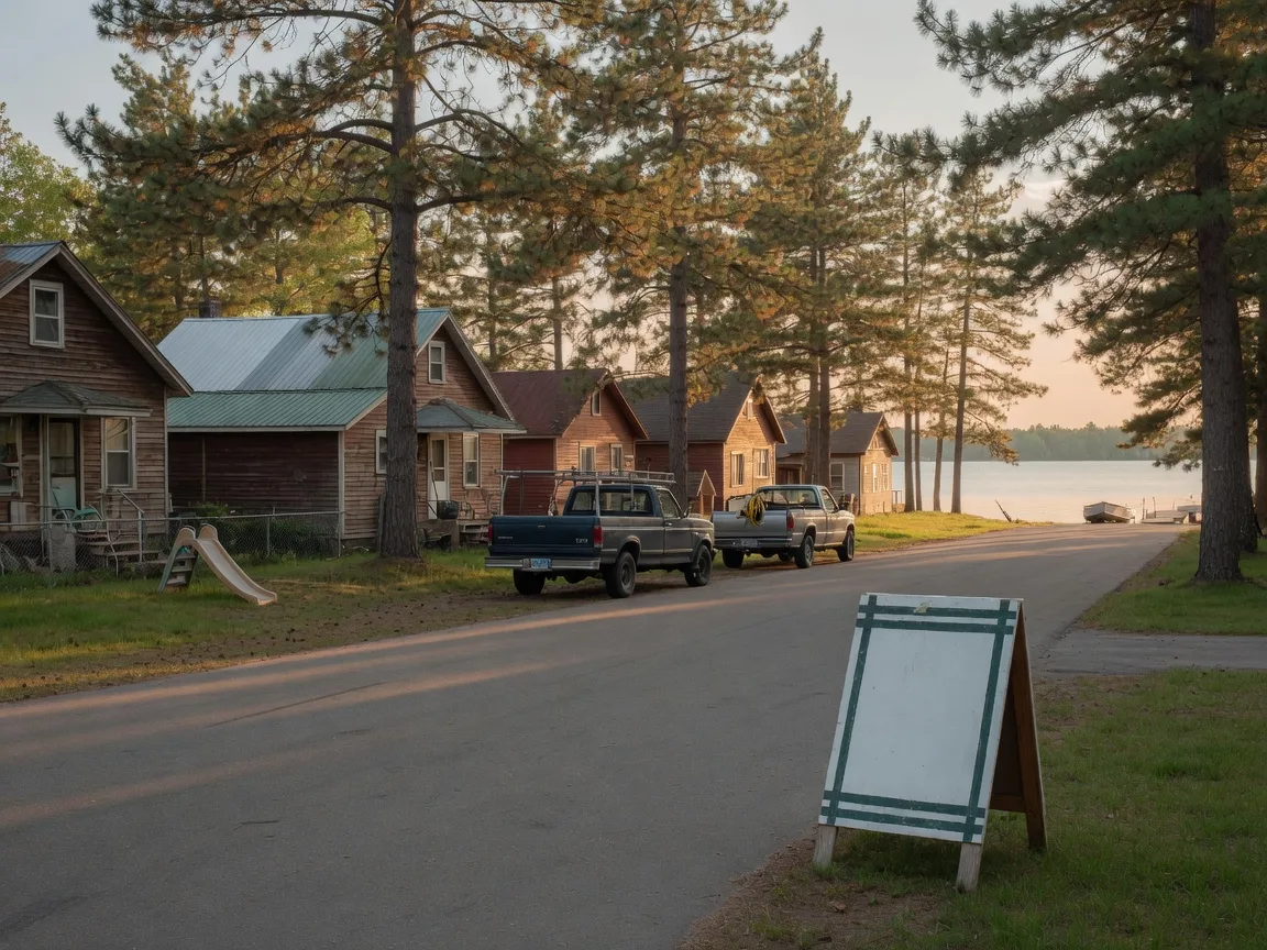 A quiet, tree-lined residential street in a small northern Minnesota lake town in late afternoon light