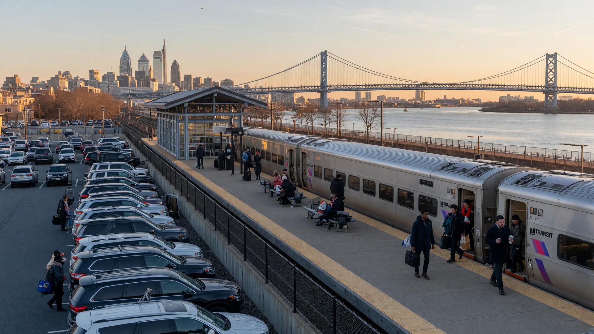 South Jersey commuter train station with passengers boarding a PATCO or NJ Transit train on a clear morning