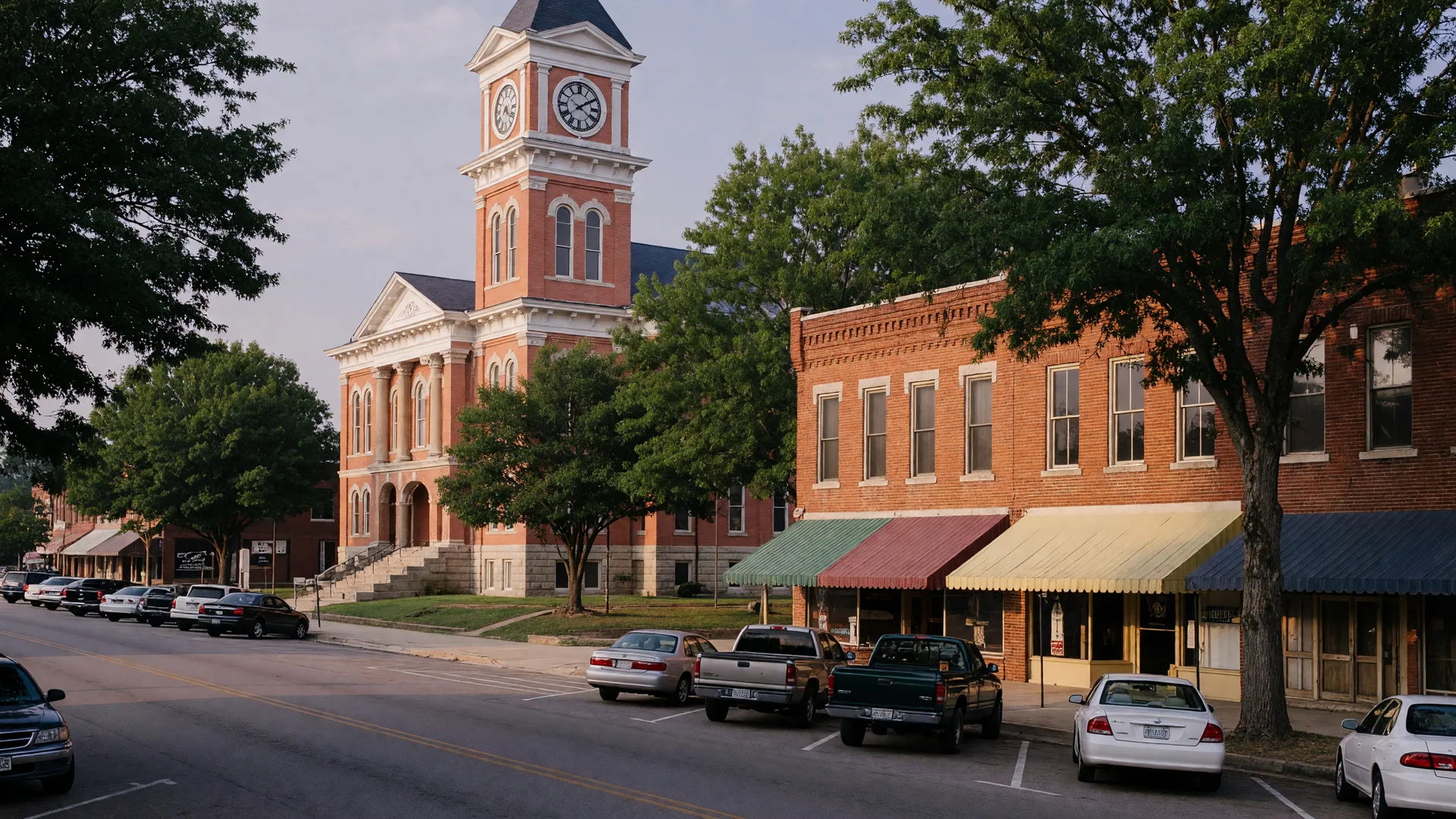The red-brick courthouse with clock tower on Russellville's tree-shaded square in warm afternoon light