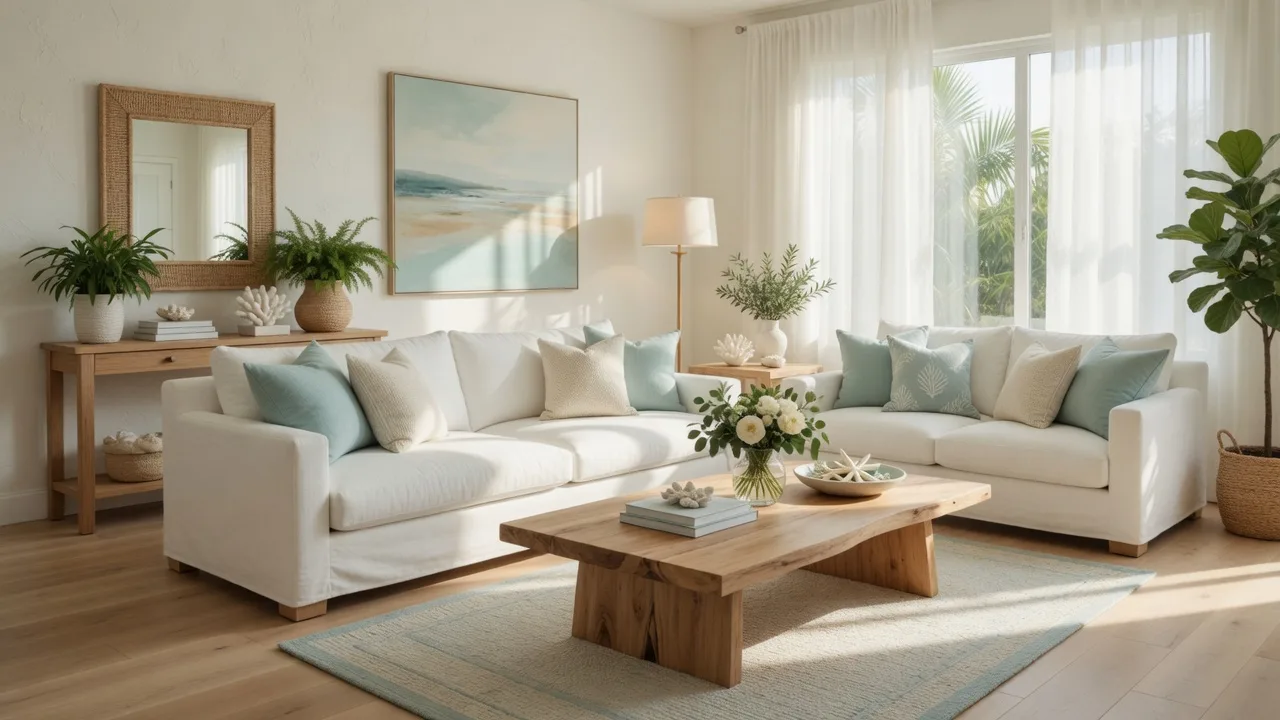 Bright professionally staged living room with coastal luxe styling