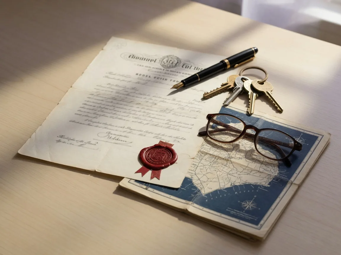 Property documents, keys, and a map on a warm desk, representing the paperwork of Indian property ownership