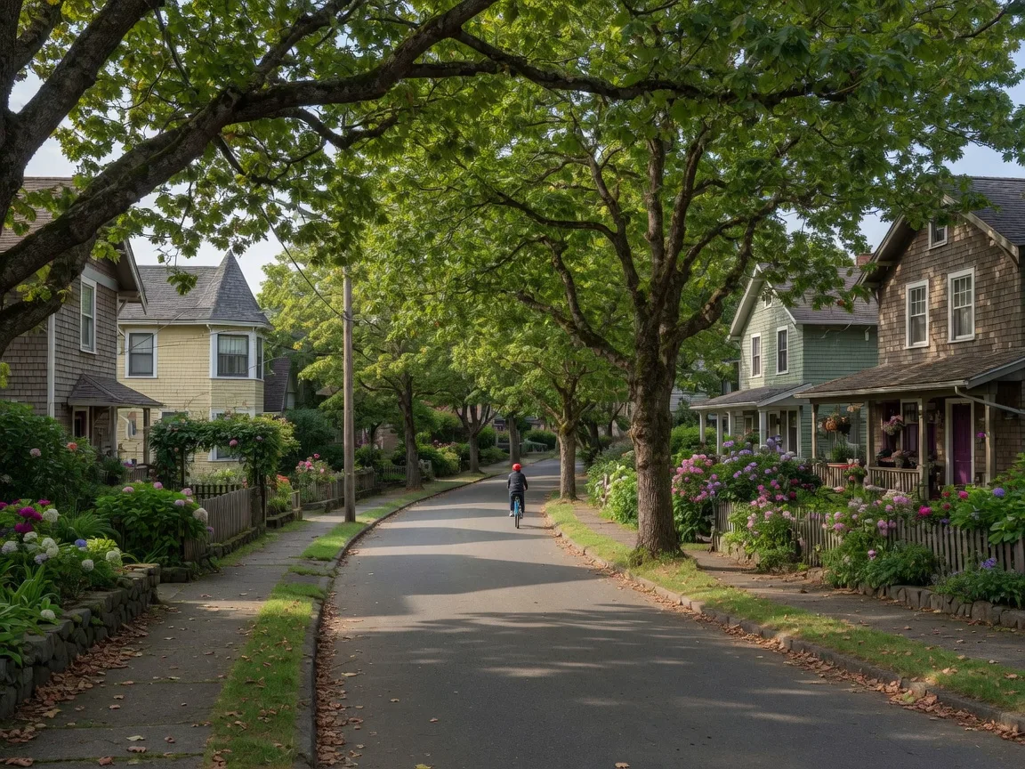 A leafy tree-lined street of character homes in a Victoria BC neighbourhood in afternoon light