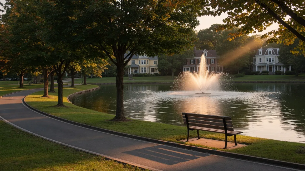 East Lake Park in Ridley Park, Pennsylvania with the fountain and Victorian homes visible through trees on a late summer afternoon