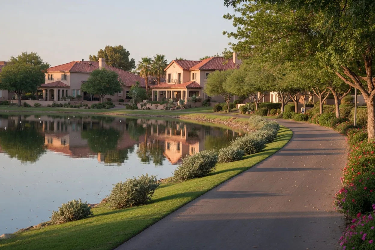 A walking path along the lake in a Gilbert community, with waterfront homes and calm water