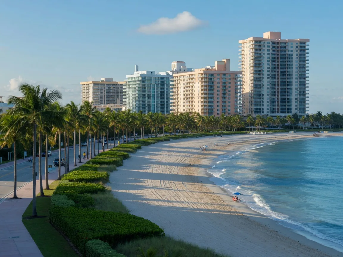 A palm-lined oceanfront promenade in Hallandale Beach on a bright morning, with white sand, calm surf, and mid-rise condominium towers