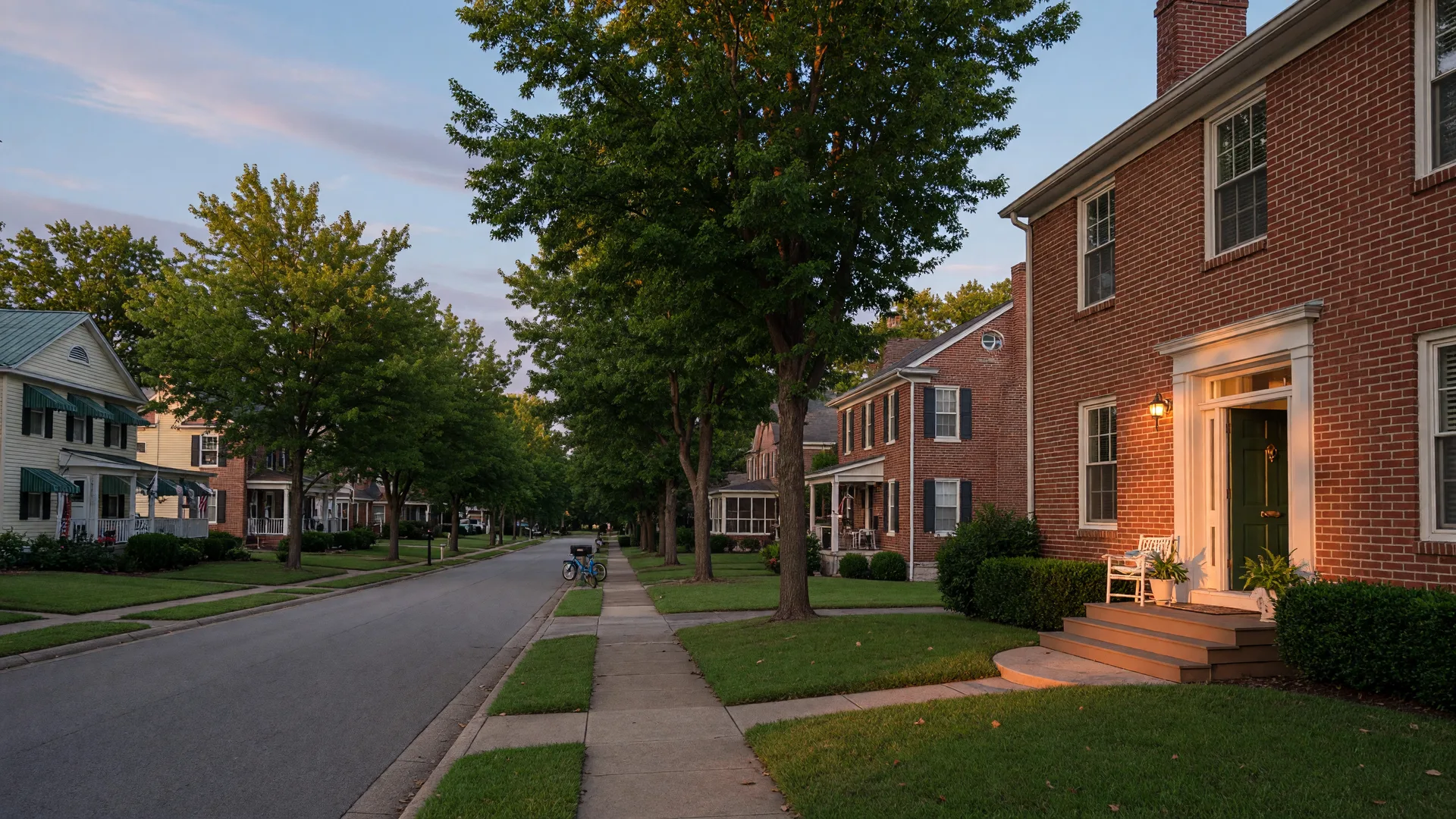 A quiet tree-lined street of brick and siding homes in Bowling Green, Kentucky at golden hour, with one front door standing open and warm light spilling onto the porch