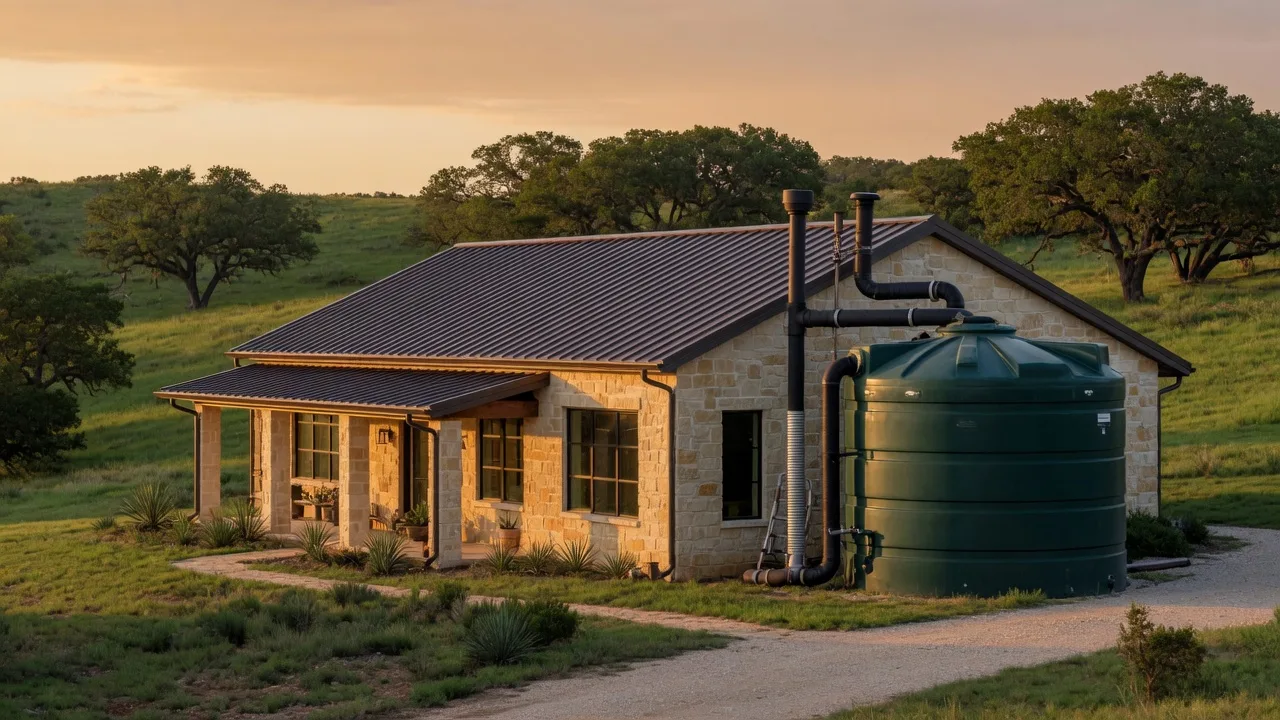 A Hill Country home with a large green rainwater cistern connected to the roof, set against rolling hills and live oaks at golden hour.
