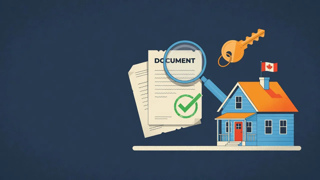 Flat illustration of a Canadian home with a key and a protective shield beside a contract document, in blue and orange